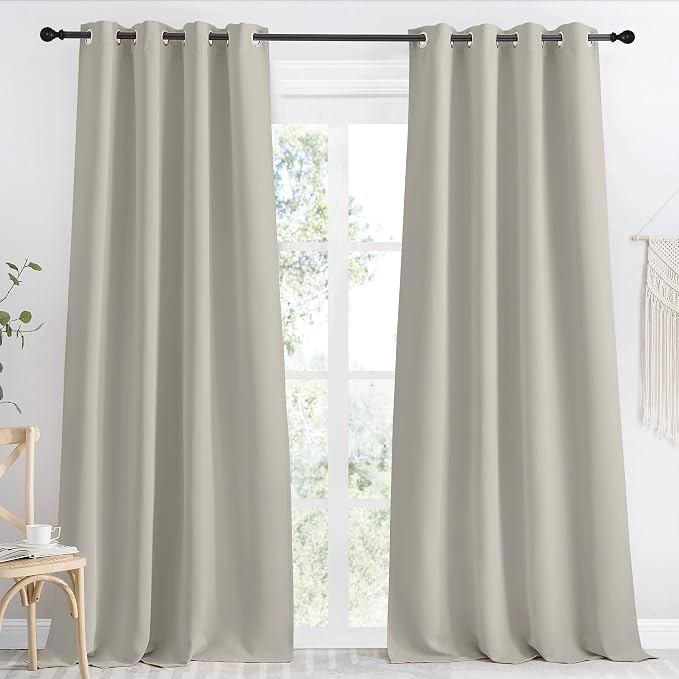 NICETOWN Blackout Natural Curtain for Living Room, 1 Panel, W55 x L96, Thermal Insulated Solid Grommet Sound Reducing Energy Saving Window Drape for Bedroom/Dining Room