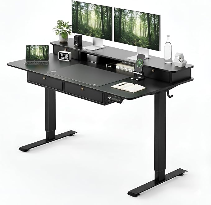 CubiCubi 48" x 24" Standing Desk with Drawers, Height Adjustable Electric Workstation, Computer Sit Stand Up Table with Large Storage Shelf 4 Drawers and 2 Hooks, Black