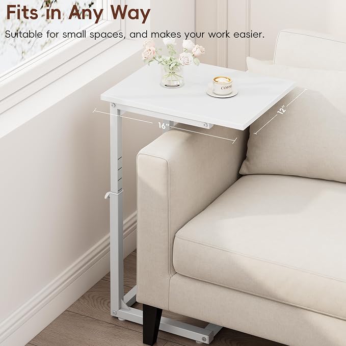 Vagusicc C Shaped End Table, 33"C Table End Table Adjustable Height, Small Side Table for Couch, Tv Tray Table for Small Spaces, Couch Table That Slide Under, Sofa Table for Living Room,Bedroom, White