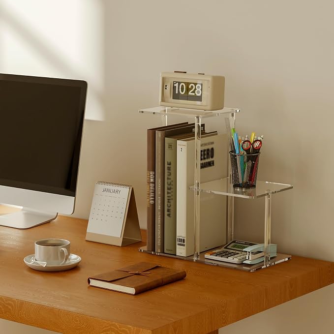 Acrylic Desktop Bookshelf, 7.9" D x 15" W x 15.3" H, Small Desktop Shelves Organizer, 3-Tier Clear Mini Table Top Shelf for Office Supplies and Desk Accessories, Easy Assembly