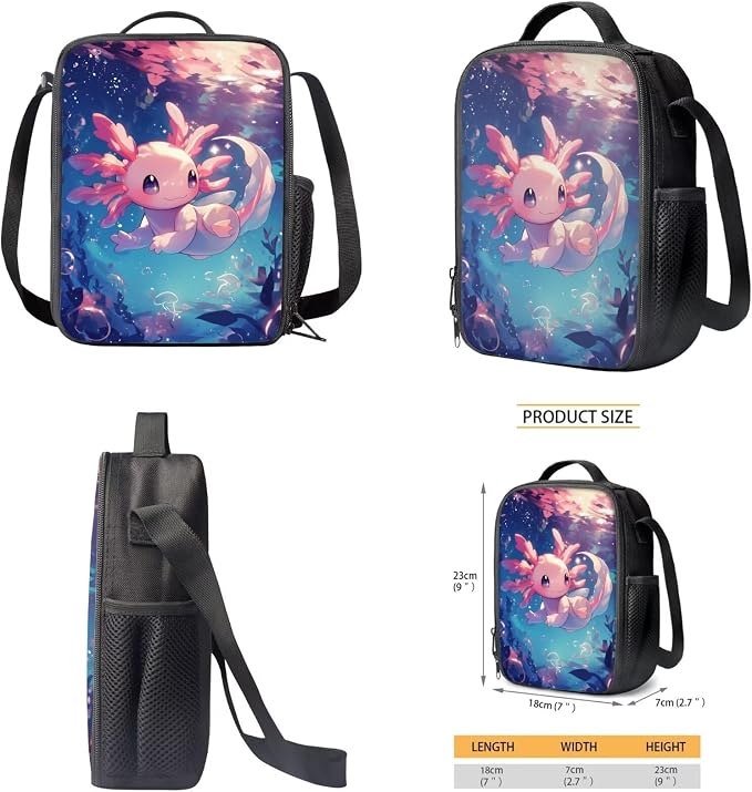 WELLFLYHOM Personalized Axolotl Jellyfish Kids School Backpack Girls 6-8 Years Old Custom 4 Pcs Book Bag with Lunch Box Pencil Case Water Bottle Sleeve for Elementary Primary School Blue