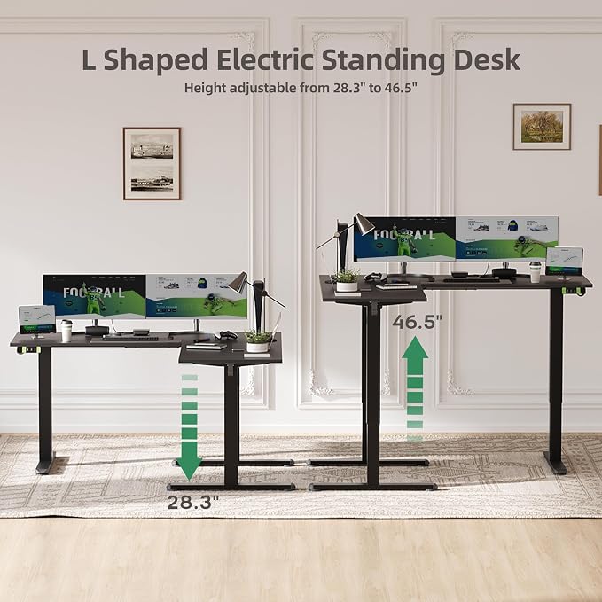 Claiks L-Shaped Electric Standing Desk with Dual Motors, 59 x 51 Inch Black | Spacious desktop, 28.3 to 46.5 inch height range, 176 lbs capacity, memory presets, headphone hook