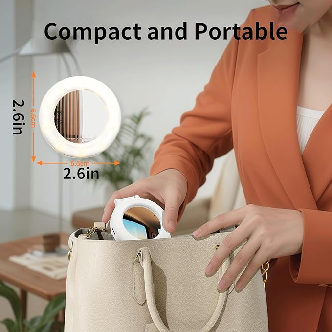 Portable Ring Light for Phone with Mirror, Foldable Clip-On Selfie Light for iPhone, Webcam, Vlog, TikTok, 3 Colors & 9 Brightness, Rechargeable LED Light for Video Recording and Makeup