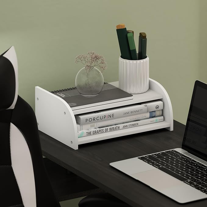 Furinno Classic 2-Tier Monitor Riser, Desk Organizers, Plain White | Low Profile Office Organization, Desk Top Book Shelf, for Office Supplies, Office Desk Accessories