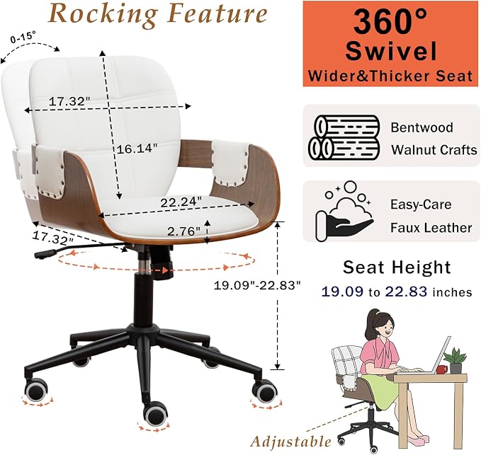 Mid Century Modern Executive Office Chair, Faux Leather Desk Chair, Walnut | Ergonomic Curved Back, Bentwood Frame, 360° Swivel & Rocking Function, Height Adjustable 19"-23", Support Up to 350 lbs