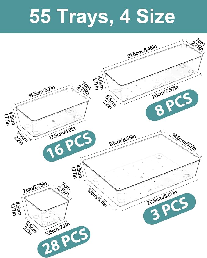 55Pcs Clear Plastic Drawer Organizers Set, 4size makeup drawer organizer trays for vanity,desk,bathroom,office,nightstand,gadgets for kitchen drawer, Versatile drawer divider storage bins