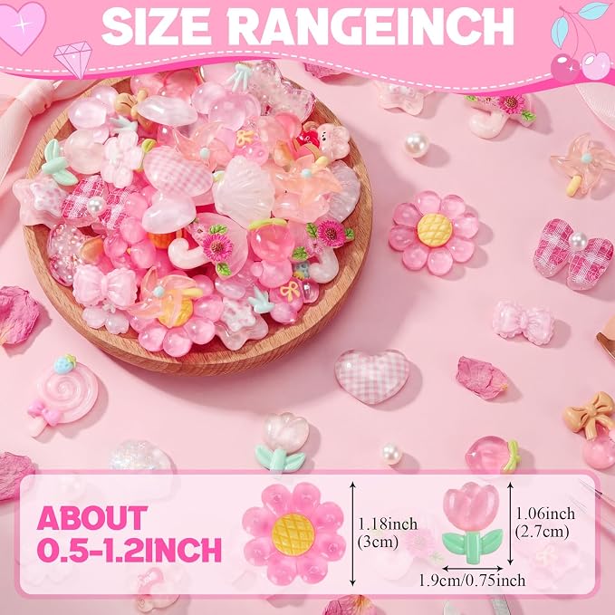 Giegxin 40 Pcs Pink Charms Bulk Cute Transparent Embellishments Pink Heart Bows Mixed Ornament Flatback Cabochon Kawaii Accessories for Jewelry Cellphone Case Scrapbooking Headband DIY Craft Making