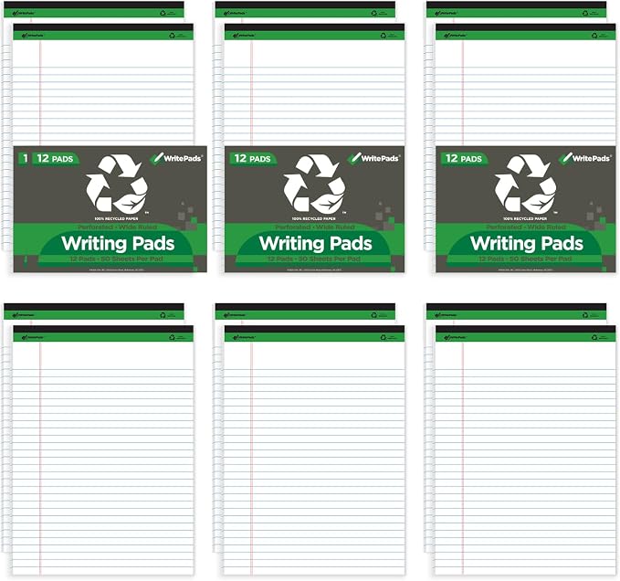 KAISA White Legal Pads Writing Pads 600 Sheets Recycled Paper, 8.5"x14" Wide Ruled Lined Paper Perforated 50 sheets Hard Back Notepads Large Legal Pad Writing Tablet For Office Supplies (White 12pads)