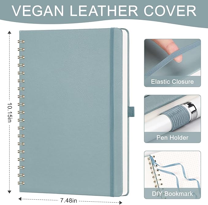 AHGXG HGXG Dotted Journal Spiral Notebook, Large B5 Dotted Notebook 140 Pages, Leather Hardcover, 100 GSM Thick Dot Grid Paper, Inner Pocket, for Dotted Journaling, 7.6" x 10", Gray Blue