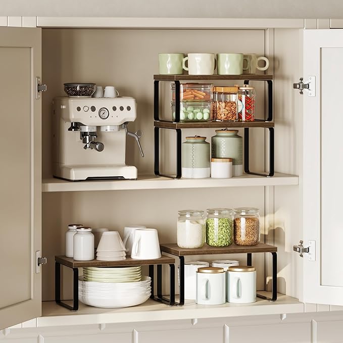 HOOBRO Cabinet Organizer Shelf, Set of 2 Kitchen Counter Shelves, Expandable Kitchen Storage, Stackable Bamboo Spice Rack, for Kitchen, Countertop, Office Desk, Bathroom, Mocha and Black CB30TL01