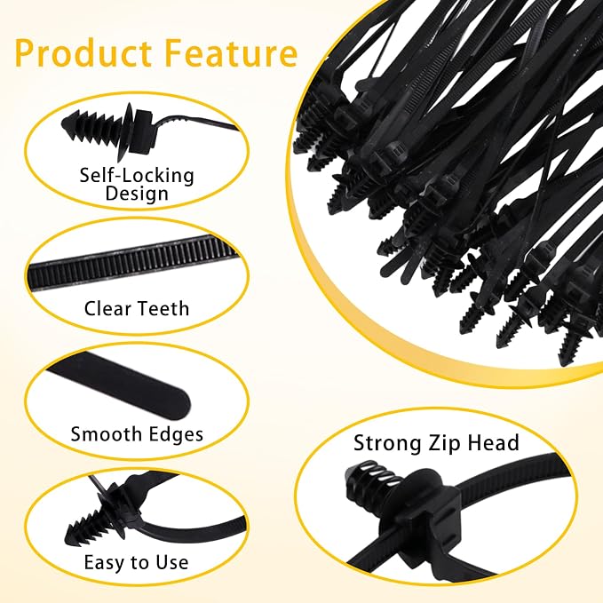 40 PCS Push Mount Zip Ties, 8.3 Inch Nylon Car Mount Wire Ties Snap in Cable Zip Ties, Black Push Mount Cable Ties Automotive Zip Ties Wire Harness Clips for Wire Tying (8.3" L x 0.2" W)