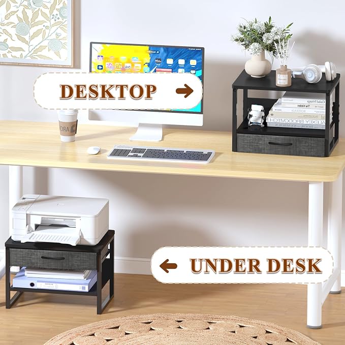 MARTY Desktop Printer Stand with Storage Drawer, Printer Riser for Desk | 2 Tier Printer Shelf, Small Printer Table for Home Office, for Fax Machine Copier Scanner, Desk Organizer, 17.1"x12.4", Black