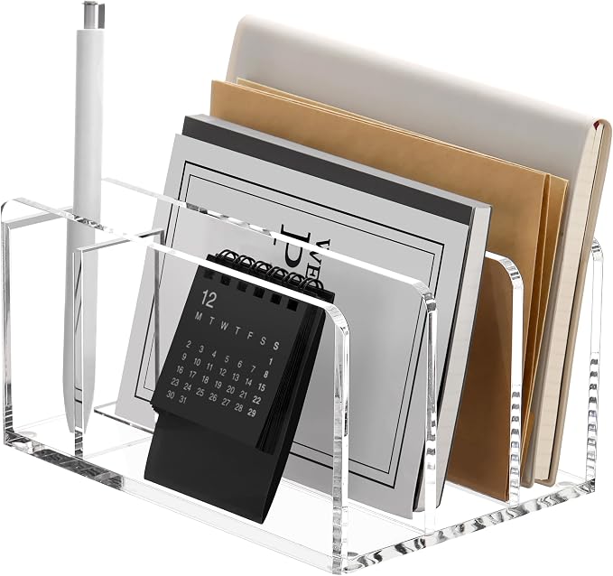 SANRUI Acrylic Mail Sorter Desktop Organizer with Pen Holder, 3 Compartments Clear Small File Script Letter Document Storage for Desk Bill Filling Envelope Holder Office, Home, School Organization
