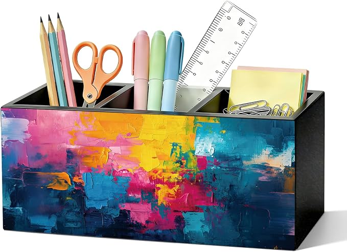 Modern Multicolor Tones Pen Pencil Holder for Desk, Gifts for Women Men, Office Humor Gifts for Coworkers Wooden Box Sign Organizer for Office Workplace Desk Accessories Tabletop Decorations