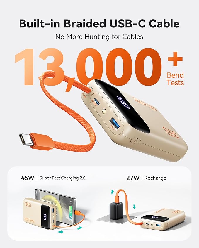 INIU 20000mAh Power Bank, Small 45W PD Fast Charging Portable Charger with Built-in USB C Cable, Flight-Safe Travel External Phone Battery Pack for Women, Girls, Daily Commute, Gift, Beige