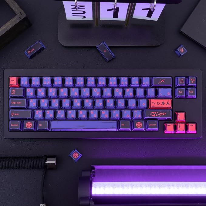 Purple Japanese PBT Custom Keycaps, 130 Keys Black Purple Manga Key Caps, Cherry Profile Dye Sublimation Keyboard Keycap Set for Cherry MX Gateron Kailh Switches Mechanical Keyboard