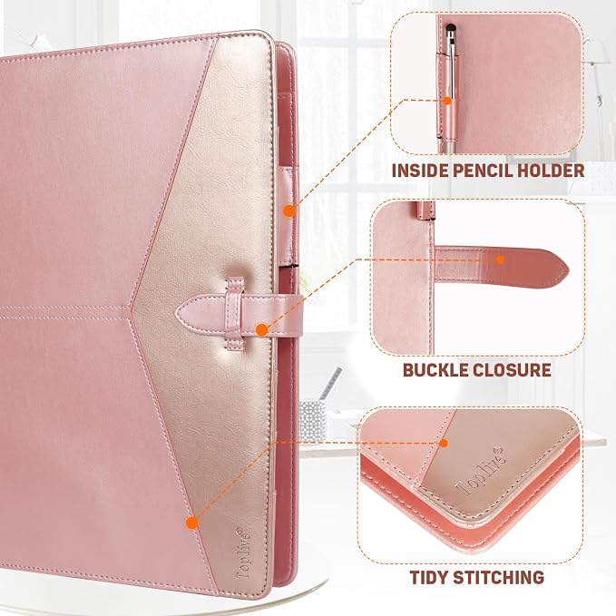 Toplive Padfolio 3 Ring Binder Organizer for Women, Business Portfolio for Women A4 Letter Size PU Leather Folder for Interview Conference Presentation, Rose Gold