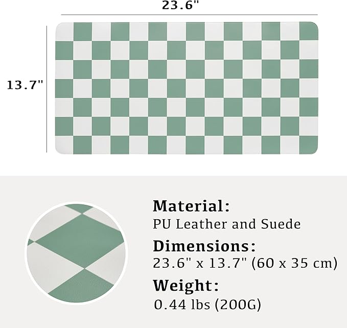 Checkered Desk Mat, Large Cute Aesthetic Retro PU Leather Computer Laptop Desk Mat, Non-Slip Waterproof Mouse Keyboard Pad, Desk Writing Mat for Work/Home (Sage, 23.6" x 13.7")