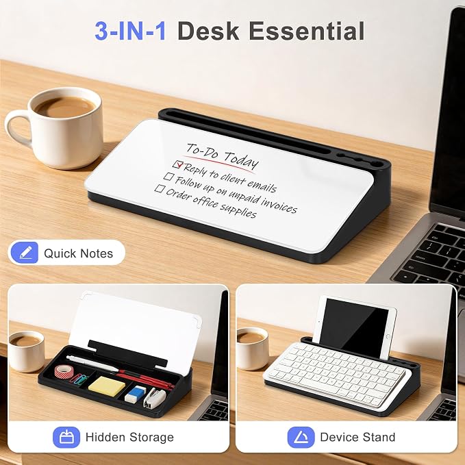 WALGLASS Small Desktop Whiteboard with Storage, Glass Desk Dry Erase White Board Computer Keyboard Stand with Drawer, Desk Organizers with Accessories for Office, Home, School Supplies Black White