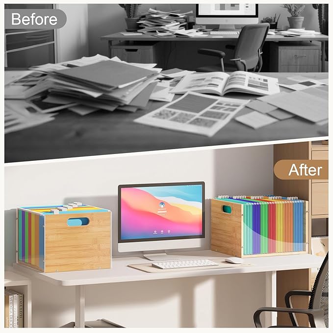 Clear Acrylic File Box Organizer, Bamboo Hanging Folder Storage Boxes, Filing Crate Bin Holder with Handle for Home Office Desk, Letter Size