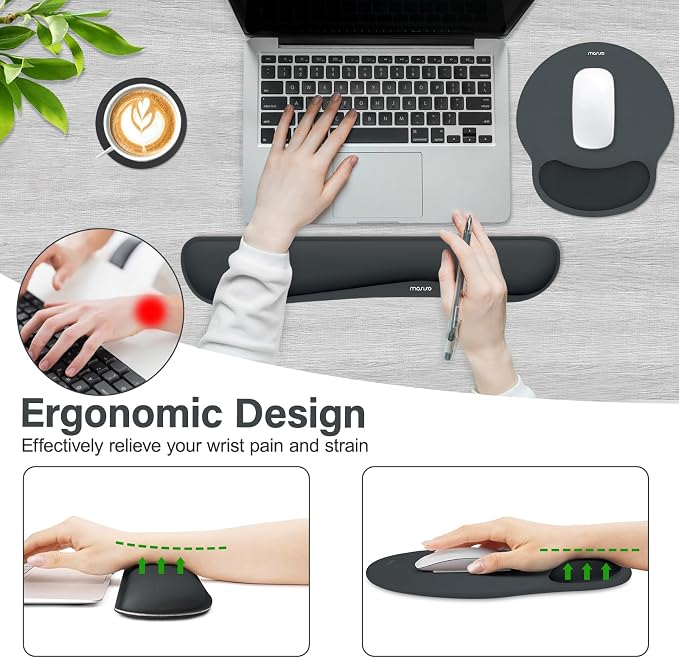 MOSISO Wrist Rest Support for Mouse Pad&Keyboard Set, Streamline Ergonomic Mousepad&Coaster Non-Slip Base Home/Office Pain Relief&Easy Typing Pad with Soft Cloth&Silicone Lining, Slate Gray