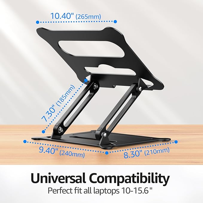 Urmust Aluminum Laptop Stand, Portable Laptop Riser, Adjustable Laptop Stand for Desk Foldable, Ergonomic Computer Notebook Holder for MacBook Air Pro HP, Office Desk (10-15.6'')- Black