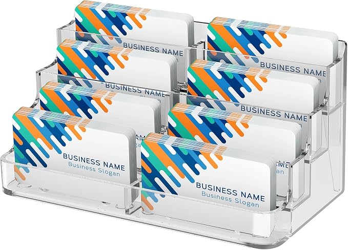 MaxGear Acrylic Business Card Holder, Desktop Card Display Stand, 8 Pockets | 4-Tier Freestanding Design, Clear Acrylic Construction, Fits Standard Business Cards for Reception, Office and Countertops