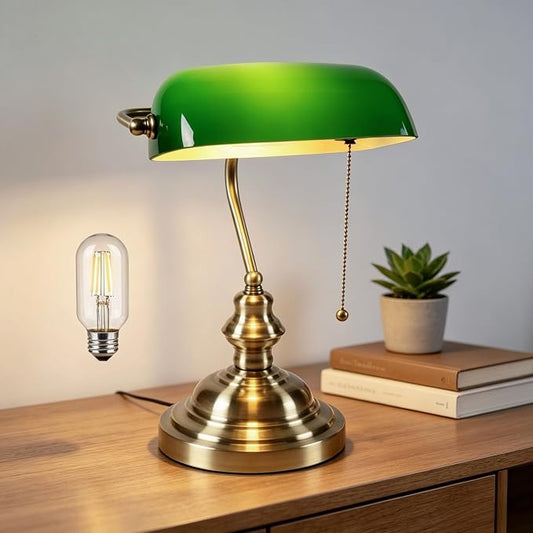 FIRVRE Green Bankers lamp, Antique Desk Lamps with Brass Base, Library Lamp with Pull Chain, Retro Desk Lamp for Home Office, Study Room, LED Bulb Included