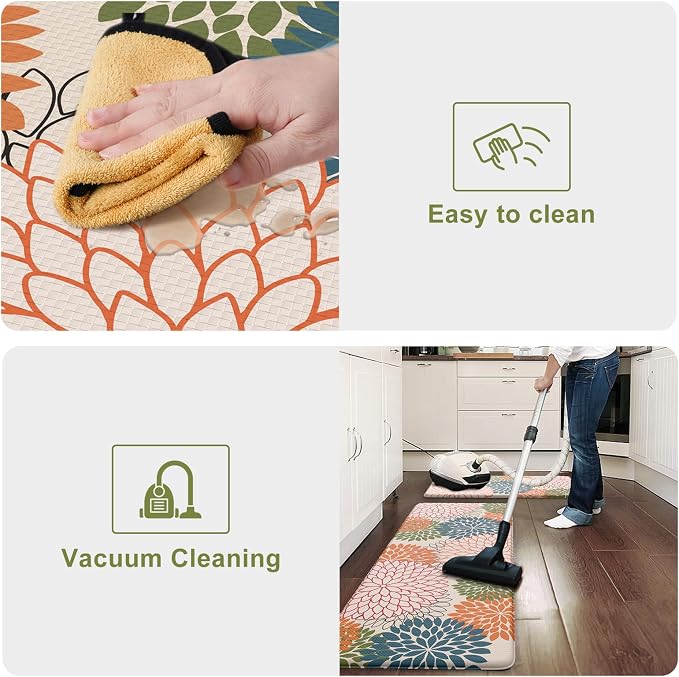 KIMODE Half Circle Anti Fatigue Mats for Kitchen Floor Rug Sets of 3 | 18"x28+18"x47"+18"x59",Orange,Dahlia Floral Boho,Half Round,3PCS,Non Slip,Waterproof,for Sink Office Laundry Bathroom Decor