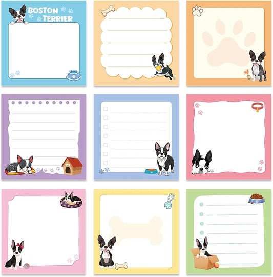 Boston Terrier Sticky Notes Gifts - 9 Pack Funny Dog Notepads 3x3 Inches, Cute Puppy Self-Stick Memo Pads School Office Supplies, Boston Terrier Gifts for Women Men (450 Sheets)
