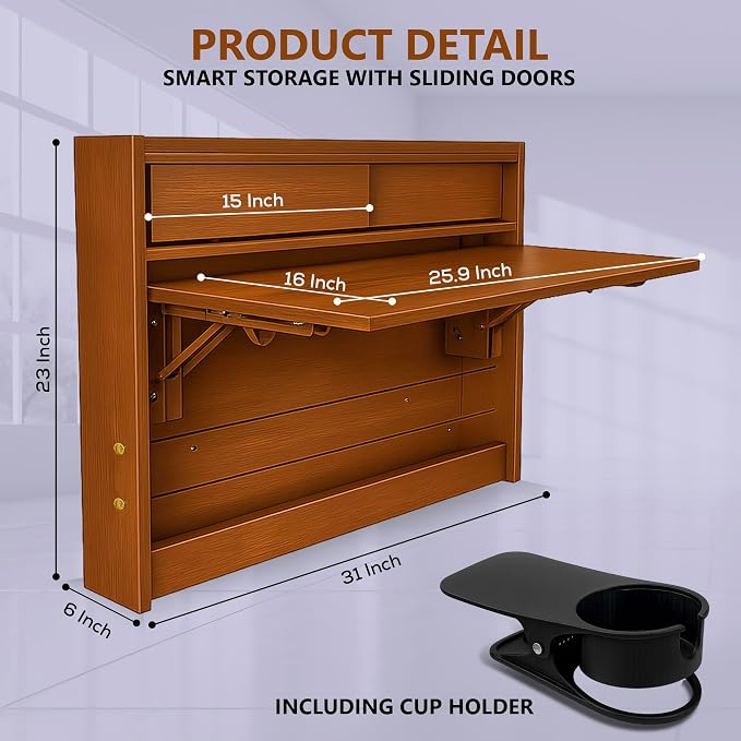 Wall Mounted Desk 31 Inches, Folding Table with Shelves, Space Saving Computer Desk, Floating Table, Multi-Purpose Folding Desk Perfect for Workstations, Dining, or Laundry Area.