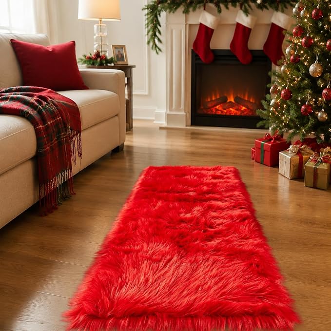 EasyJoy Ultra Soft Faux Fur Rug Fluffy Sheepskin Rug for Bedroom Living Room Sofa Bedside Floor(2 x 4 ft Rectangle, Red)