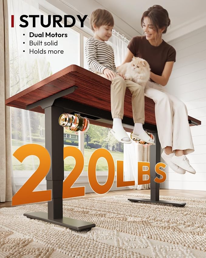 SANODESK Dual Motor Standing Desk 220lbs Height Adjustable Desk | 48"x30" Spacious One-Piece Mahogany Desktop & Black Frame, 4 Memory Presets, 3-Stage Legs, 220lbs, 2-Box for Home & Office