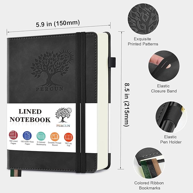 PERCUN Lined Journal Notebook for Men & Women, 160 Pages Leather Journals for Writing, A5 Hardcover Notebooks for Note Taking, Work, School, Business, Travel,Daily Diary 5.9" x 8.5" (Black)