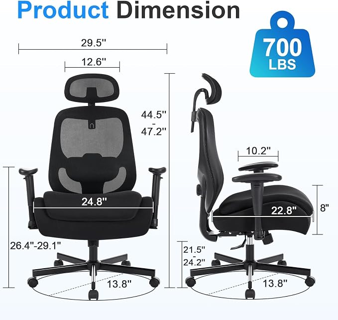 Office Chair with Ergonomic Lumbar Support and Mesh Back for Home Office, Desk Chair with Wide Seat and Adjustable Arms for Computer Desk, Computer Chair with Rocking Backrest and Wheels for Work
