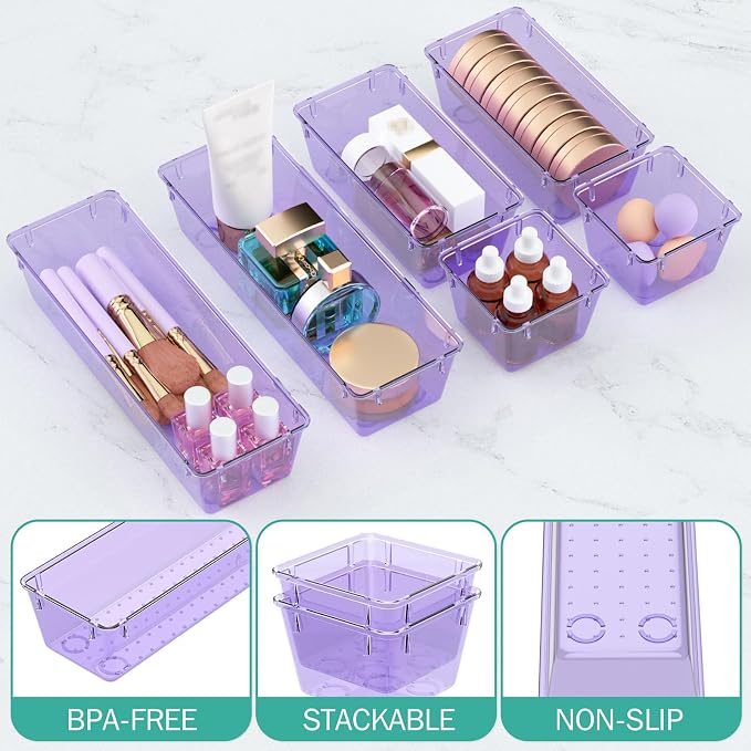 WOWBOX 6 Pack Clear Drawer Organizer Set, Acrylic Drawer Storage Trays, Storage Bins for Makeup, Cosmetics, Jewelries, Utensils, Gadgets, Office, Purple