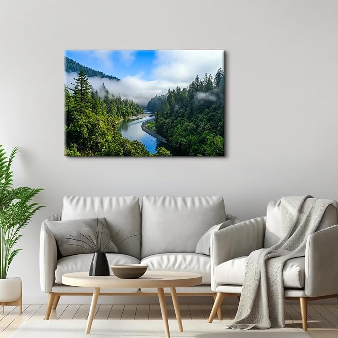 Mountain Forest Wall Art Large Wall Decor for Kitchen California Redwoods Pine Trees Pictures Wall Decor Misty Rainforest Scenery Paintings Canvas Prints Yosemite Artwork Bathroom Decorations 32x48"