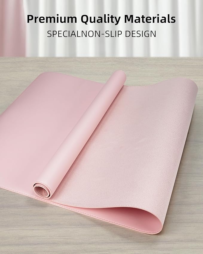 Leather Desk Pad Protector - 48 x 24 Computer Mat, Large Mouse Pad, Non-Slip, Waterproof PU Leather Blotter, Desk Cover for Office and Home (Light Pink)