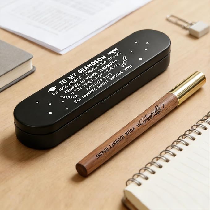 Grandson Graduation Gifts 2026 | Laser Engraved Wooden Pen Gift Set | Grandson Graduation Gifts | Engraved Wooden Pen Gift Set with Inspirational Message for High School College Graduation