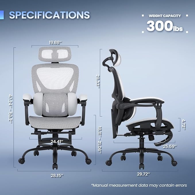 MALOL Ergonomic Mesh Office Chair with Footrest, Executive High Back Computer Desk Chair with 3D Adjustable Headrest & 5-Level Lumbar Support, Track Armrest, Tilt Lock, 300LBS, White