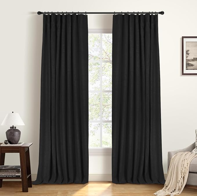 INOVADAY 100% Blackout Curtains for Bedroom, Black Out Curtains 80 Inch Long, Clip Rings Linen Blackout Drapes, Thermal Insulated Room Darkening for Living Room, 2 Panels - Black,W50xL80