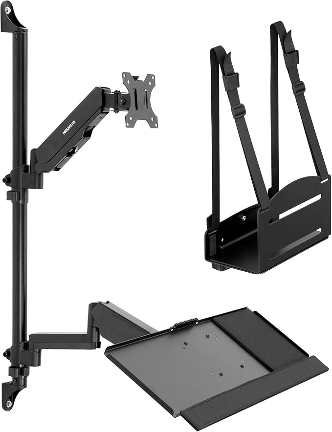 Mount-It! Single Monitor Arm Wall Mount Workstation with Keyboard Tray & CPU Holder, Height Adjustable Gas Spring Full Motion Computer Station, Fits 17–32” VESA 75x75 100x100, Black