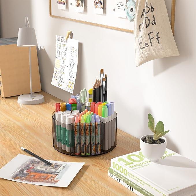 Mefirt Acrylic Pen Organizer, 360 Degree Rotating Desk Organizer with 6 Compartments Crayon Holder for Office, School, Home, Art Supply, Grey