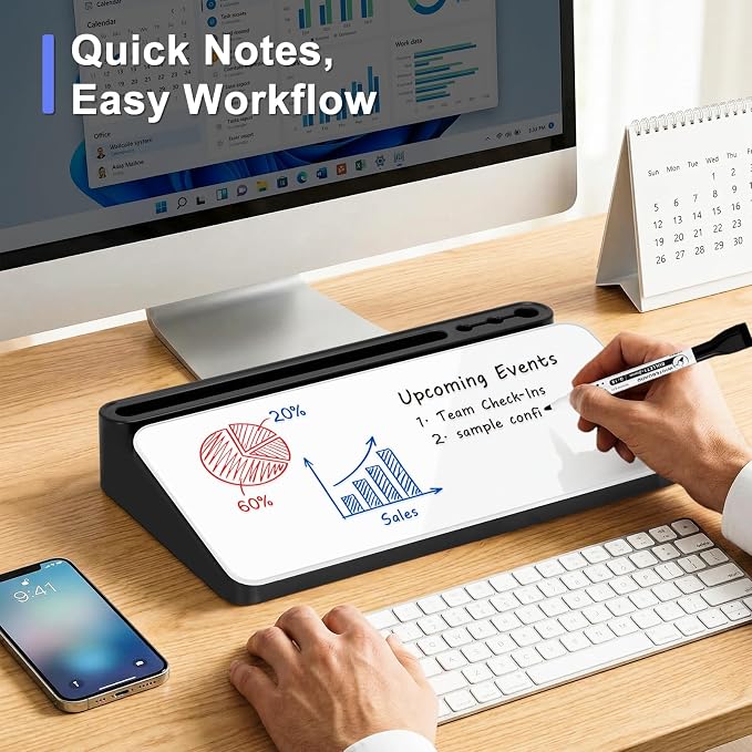 WALGLASS Small Desktop Whiteboard with Storage, Glass Desk Dry Erase White Board Computer Keyboard Stand with Drawer, Desk Organizers with Accessories for Office, Home, School Supplies Black White