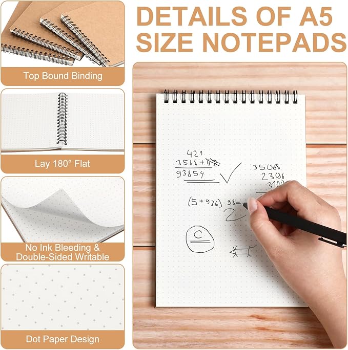 Engrowtic 2 Pcs Dot Grid Notebook Top Spiral Notebook A5 Size Bullet Dotted Paper Hardcover Dot Journal 8.3''x 5.8'' 140 Pages Spiral Notepads for Sketching Drawing Writing School Office (Brown)