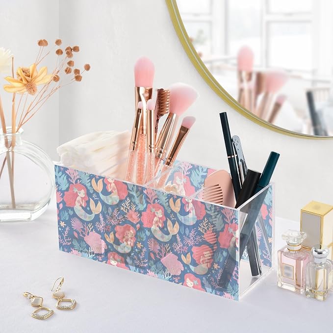 Cute Mermaid Acrylic Pen Holders Coral 4 Compartments Clear Makeup Brush Organizer, Flatware Holder