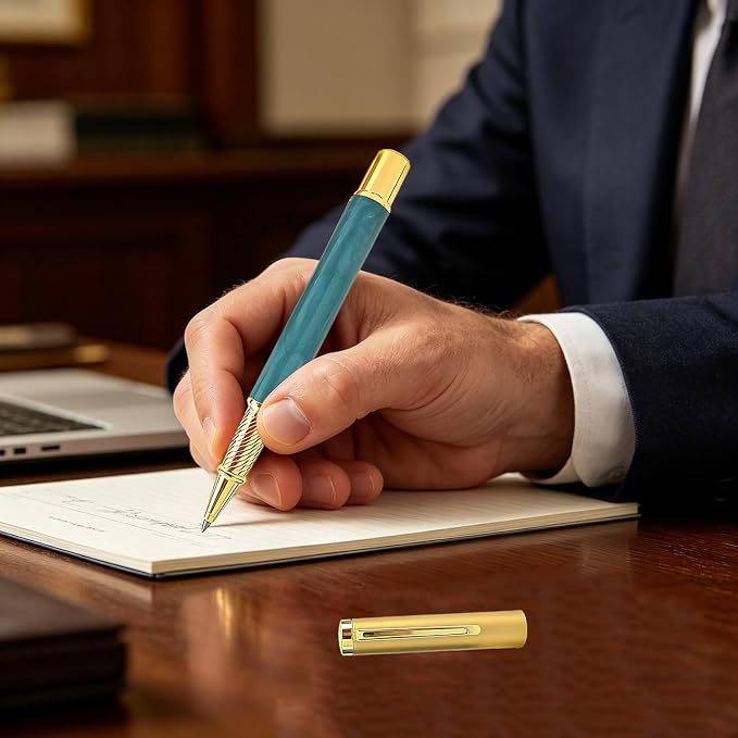 Luxury Rollerball Pen with Gold Trim, Elegant Resin Writing Instrument, Fine Point Black Ink Refill, Business Signature Pen with Metal Gift Box for Executive, Men, Women (Glacier Green)