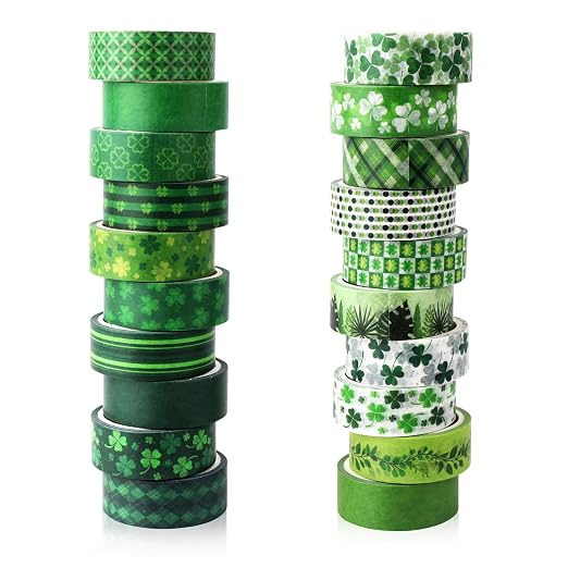 Green Decorative Tape Set 20 Rolls St. Patrick's Day Washi Tape for Lucky Shamrock DIY St Patrick Day Masking Tape for Irish Holiday Kids Craft Notebook Scrapbooking & Stamping Supplies