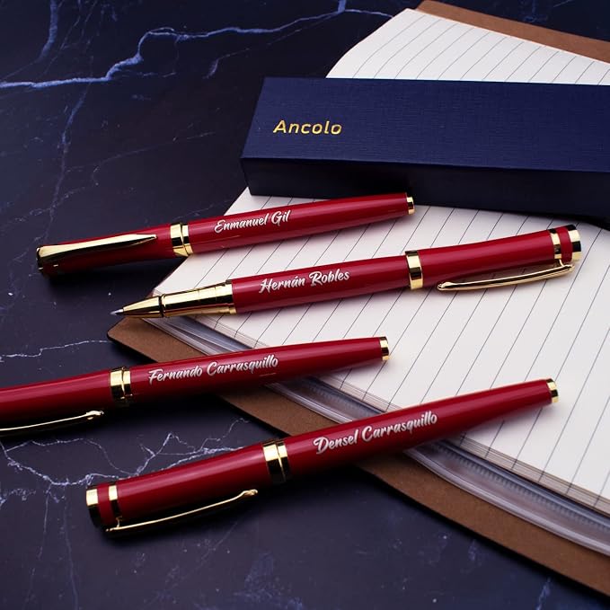 Ancolo Engraved Pens Fancy Roller Pens with 5 Gfit Box 10 extra Black Refills Metal Body Engraved with Your Message Personal Names Phone Number, Gift for Men Women