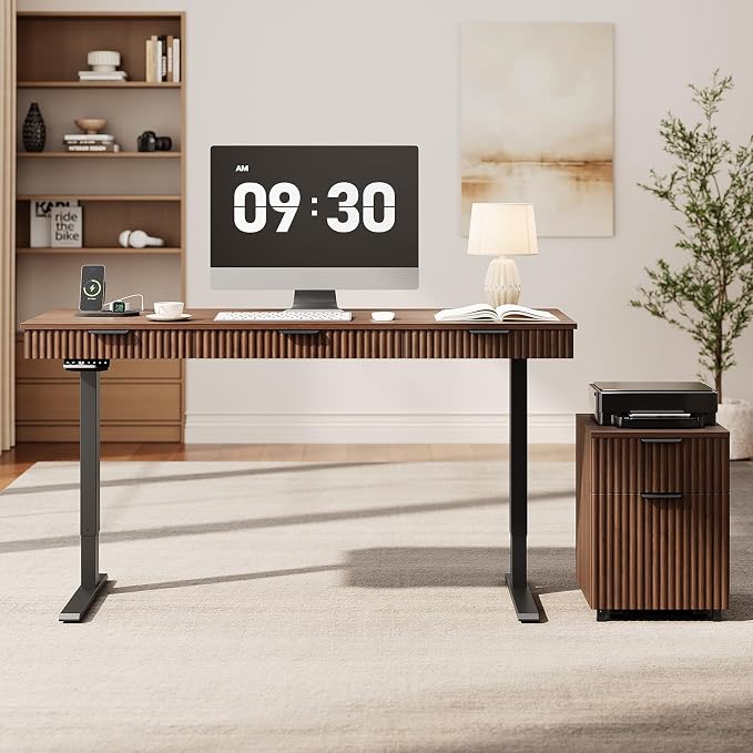 55" Electric Standing Desk with File Cabinet,Height Adjustable Desk,Walnut | Standing Desk with Drawers, Roilling Filing Cabinet, File Cabinet with Drawers, Adjustable Desk for Home Office, Work, Study